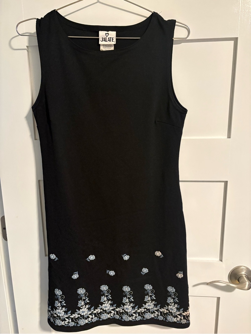 Early y2k vintage Black Sleeveless Shift Dress with White and Blue Floral Hem - Picture 1 of 3